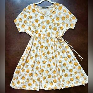Gudrun Sjoden- 100% cotton yellow + off white floral fit + flare dress- size XL